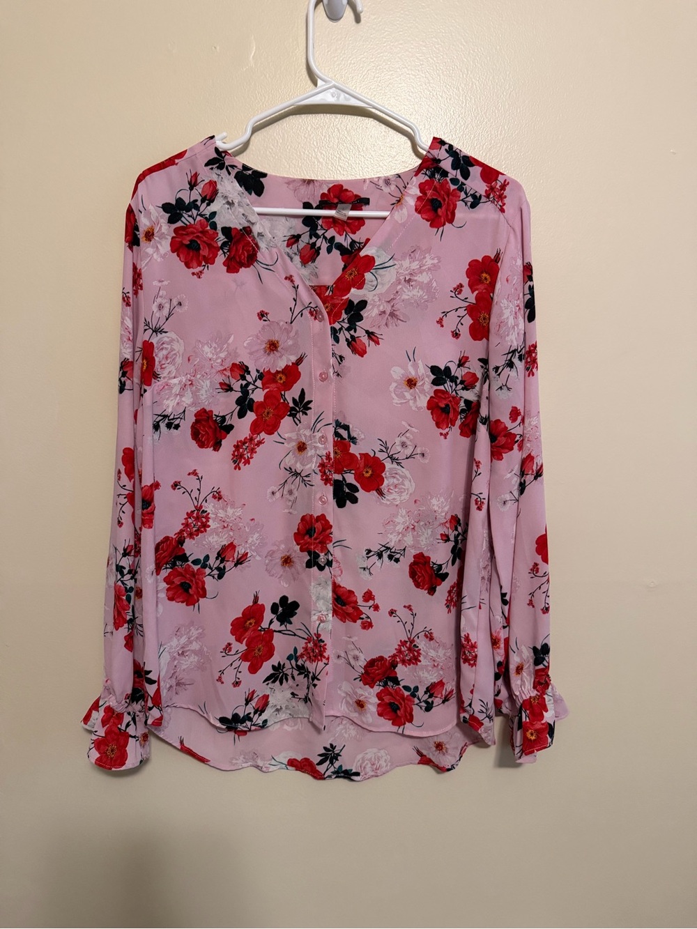 Tahari Pink Button-Front Floral Blouse with Red Flowers